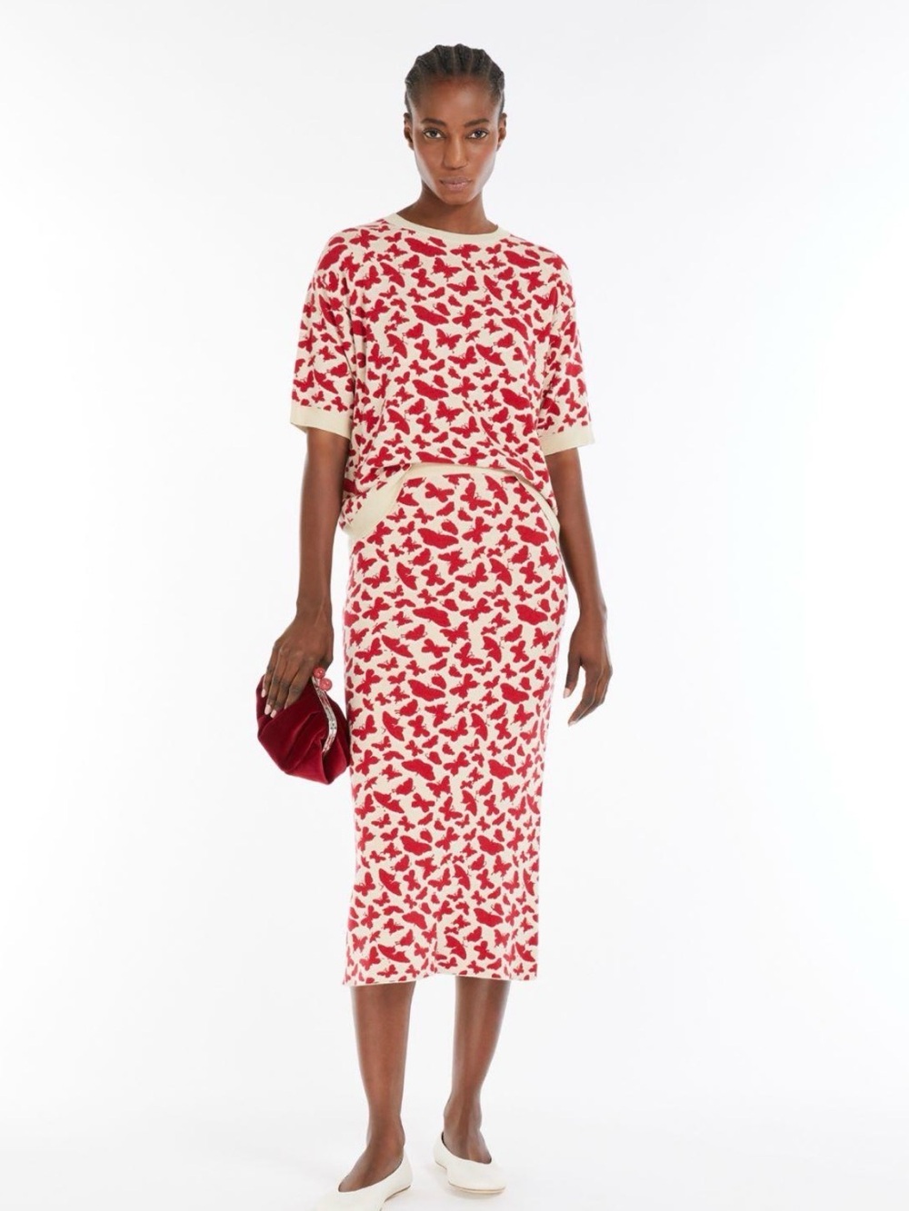Weekend Max Mara Cream Midi Skirt with Red Butterfly Print